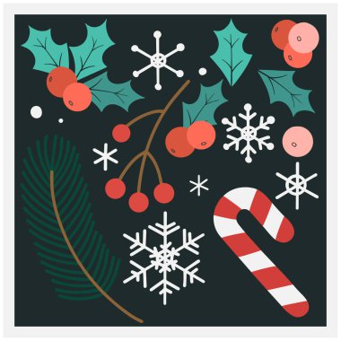 Kar taneleri, vadi, şeker kamışları ve Noel ağacı dallarının çizimleri. Desenler, kartlar ve ambalaj kağıtları için uygun.