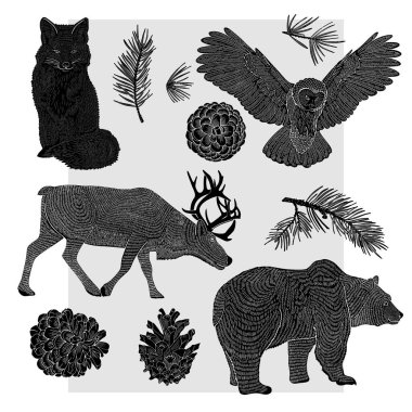 Gri arka planda çizilmiş orman hayvanları. Baykuş, tavşan, geyik ve domuz. Kartpostallar, ambalajlar veya tekstil için elverişli.