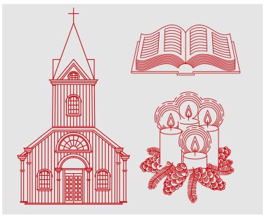 Beyaz bir arkaplanda Hristiyan teması üzerine doğrusal çizim. Kilise, İncil, mumlar..