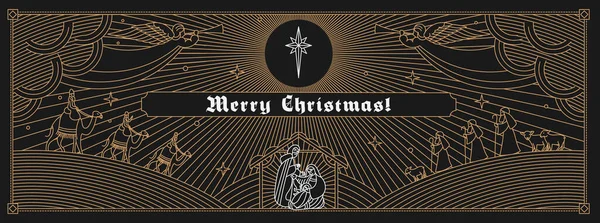 Carte Noël Dessin Linéaire Sur Fond Sombre Jésus Marie Joseph — Image vectorielle