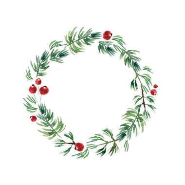 Suluboya ile boyanmış kış çelengi. El çizimi illüstrasyon.