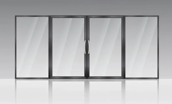 Realistische Glastür Eingang Moderne Glastüren Büro Oder Einkaufszentrum Stahlrahmen Doppelte — Stockvektor
