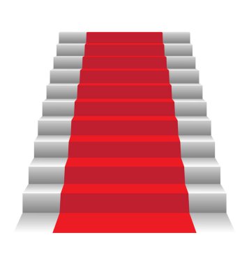 gerçekçi merdiven ön görünümü, beyaz arkaplanda izole edilmiş kaide vektör şablonu için beyaz adımlar, kırmızı halı yarı beyaz merdiveni yarı yarıya döndürmüş merdiven ön görüntüsü.