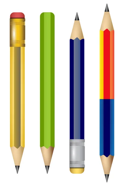 Crayons Affûtés Réalistes Différents Types Longueurs Avec Gomme Ensemble Illustrations — Image vectorielle