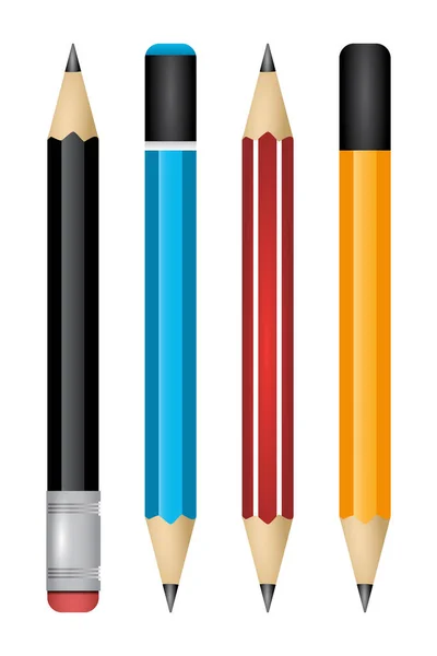Realistisch Geschärfte Bleistifte Verschiedener Typen Und Längen Mit Radiergummi Illustrationen — Stockvektor