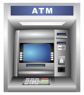 Bir ATM 'nin gerçekçi Illustration' u, ekranlı ATM ATM para makinesi, banka kartı veya kredi kartı için tuş takımı. 