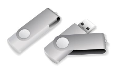 kapağı açık gerçekçi flaş bellek beyaz arkaplan üzerinde izole, flash disk seti illüstrasyon.