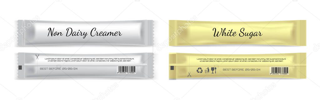 Realistic creamer and sugar sachet, creamer in paper kraft packaging, Mock up for design isolated on white background, packet mockup for food sweetener.