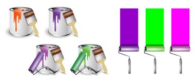 Gerçekçi boya kutuları, boya silindirleri ve grunge çizgileri fırçalar, fırça boyası renkli çizgiler. eps biçimi