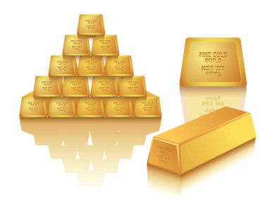 Piramit şeklinde istiflenmiş altın külçelerinin gerçekçi 3D çizimi beyaz arka planda izole edilmiş bir iş finansal bankacılığı olarak gösterilmiştir.
