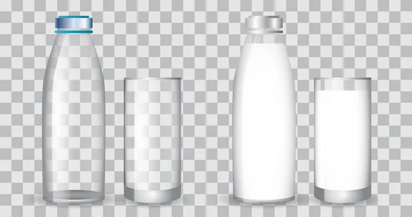 Realistyczne Okulary Butelki Mlekiem Butelka Szkło Fresh Milk Set Transparent — Wektor stockowy