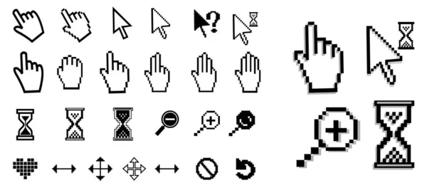 Pixel Mouse Cursor Icons Pixel Hand Pointer Hand Arrow Hourglass — Stock Vector