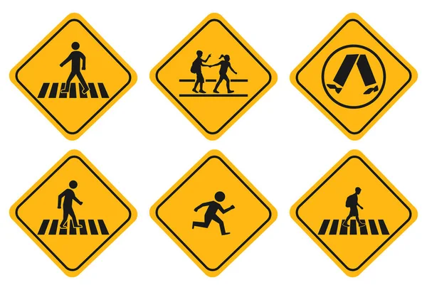 Ilustración Conjunto Zona Escolar Calle Zona Peatonal Peatones Signos Amarillos — Vector de stock