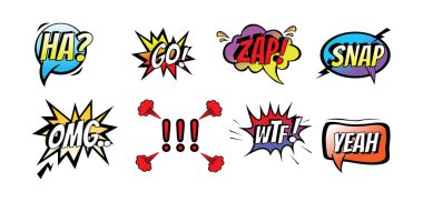 Komik konuşma baloncukları farklı duygularla ayarlandı ve metin, Go, Ha, Zap, Snap, Omg, Wtf, Evet. Beyaz arkaplanda izole edilmiş renkli çizgi roman sohbet baloncukları.