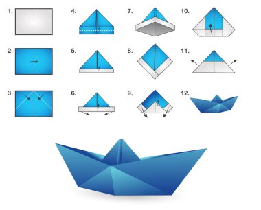 Gerçekçi katlanmış kağıt tekne vektörü beyaz arkaplanda izole edildi. Kağıt tekne modern origami. Renkli origami teknesi.