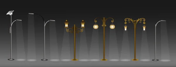 Différents Types Lanterne Nuit Réverbère Lumières Rue Luisant Dans Obscurité — Image vectorielle