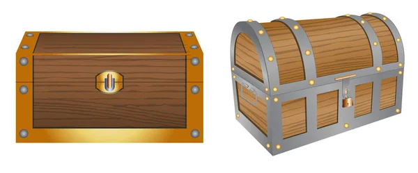 Realistyczne Drewniane Złote Skrzynie Ilustracja Różnych Zabytkowych Drewnianych Skrzyń Skarb — Wektor stockowy
