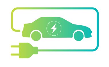 Priz simgesine sahip elektrikli araba, yeşil hibrit araçlar şarj noktası logosu. Elektrik yüklü eko araba kavramı.