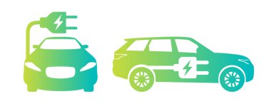 Priz simgesine sahip elektrikli araba, yeşil hibrit araçlar şarj noktası logosu. Elektrik yüklü eko araba kavramı.
