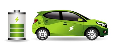 Priz simgesine sahip elektrikli araba, yeşil hibrit araçlar şarj noktası logosu. Elektrik yüklü eko araba kavramı.