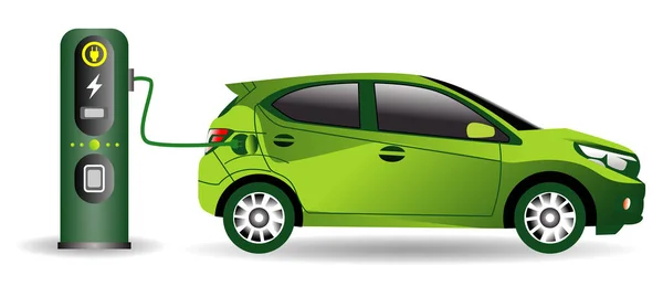 电动汽车与插头图标符号 绿色混合动力汽车收费点标志类型 带电荷的生态车概念 — 图库矢量图片#