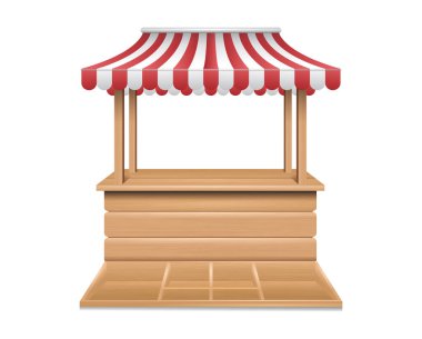 Kırmızı ve beyaz çizgili gerçekçi ahşap paraşüt kulübesi. Piyasa fuarı standı. boş ahşap market standı. 