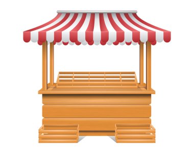 Kırmızı ve beyaz çizgili gerçekçi ahşap paraşüt kulübesi. Piyasa fuarı standı. boş ahşap market standı. 