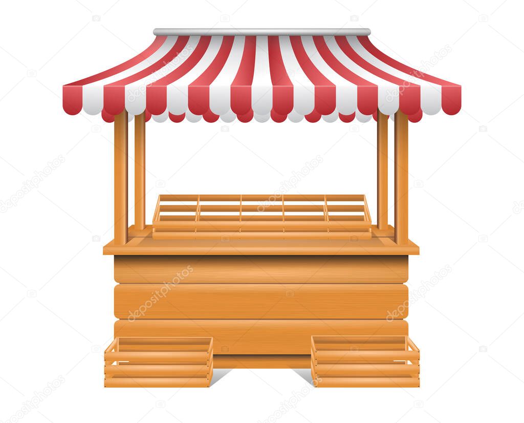 Realistic wooden canopy kiosk with red and white striped. Market stall fair booth. empty wooden market stand. 