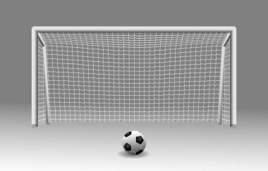 Gerçekçi siyah-beyaz futbol kapısı ikonu sporu. Futbol gol ağı illüstrasyonu. Futbol ağı ve top siyah beyaz.