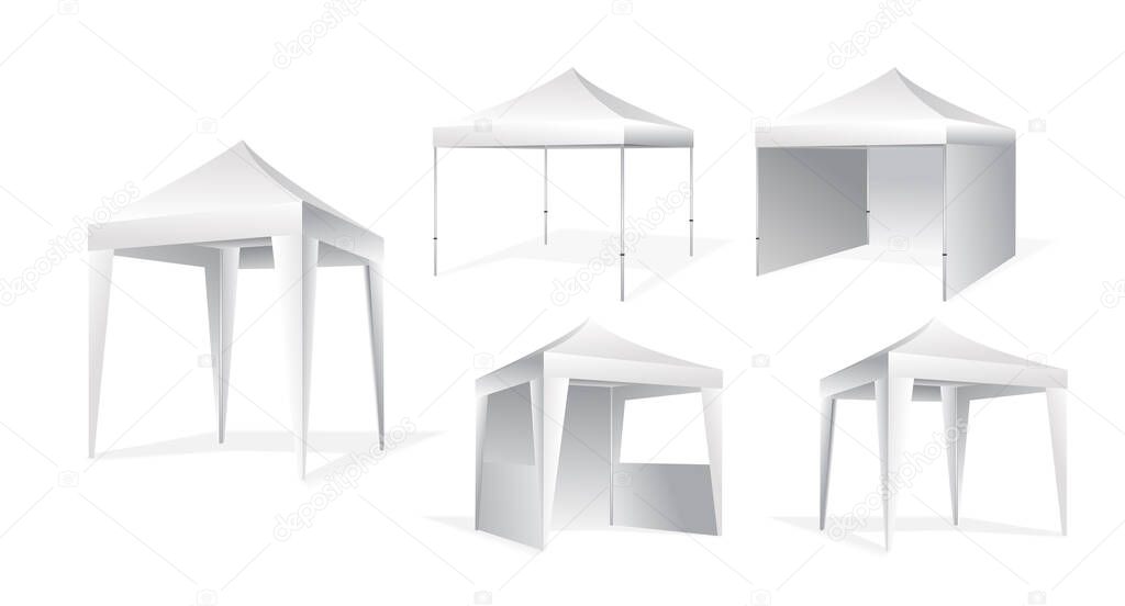 Realistic stand promotional advertising outdoor event trade show. illustration of a tent for selling. outdoor promotional advertising tent