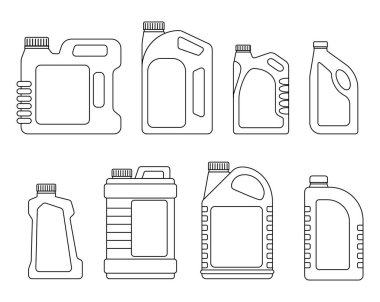 various shape motor oil poster ads with editable text. Petrol gallon gas tank fuel container. Oil canister icon. Gasoline fuel canister