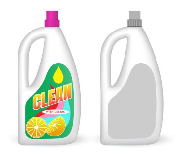 Set of detergent plastic bottles with chemical cleaning product. A various shapes blank white plastic bottles of soap products. 