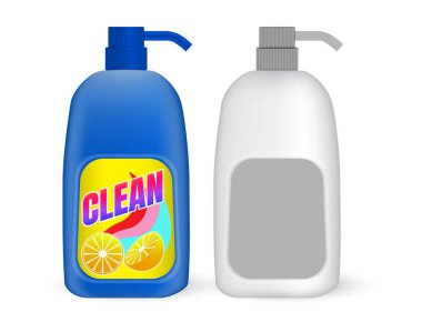 Set of detergent plastic bottles with chemical cleaning product. A various shapes blank white plastic bottles of soap products. 
