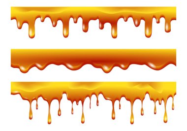 honey flowing and dripping set maple syrup caramel and sweet sugar sauce melting. melting honey drops realistic. honey splash dripping sweet drops from bee honeycomb.