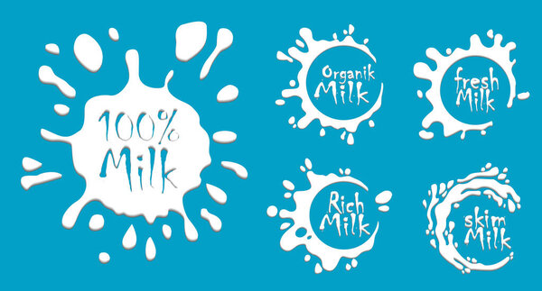 set white milk splash and blot isolated on blue background. milk yogurt or cream logo icons and splashes. milk labels set.