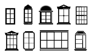 stock vector window icon set symbol in outline flat style. windows outline pictograms arch and square homes window. window icon set pictogram