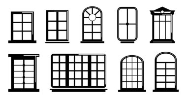 stock vector window icon set symbol in outline flat style. windows outline pictograms arch and square homes window. window icon set pictogram