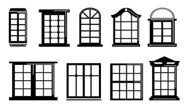 stock vector window icon set symbol in outline flat style. windows outline pictograms arch and square homes window. window icon set pictogram