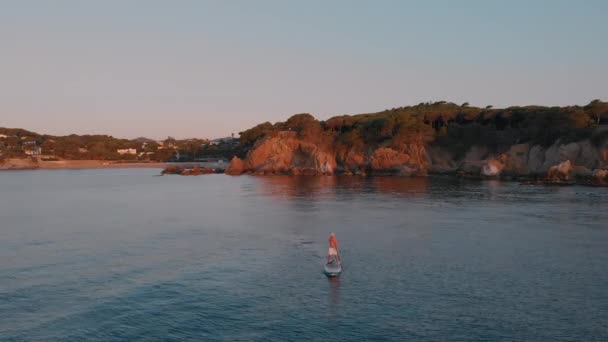 Flygdrönare skott av människan paddla ombord nära kusten — Stockvideo