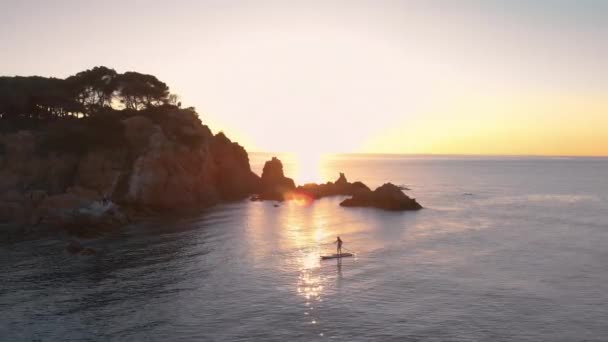 Aereo drone colpo di uomo paddle board vicino alla costa — Video Stock