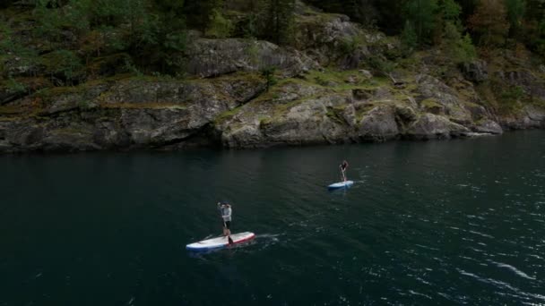 Two friends on SUP paddle board in norwegian fjord — Vídeos de Stock