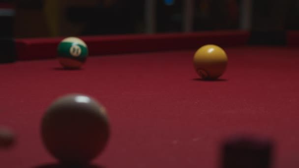 Pool yellow ball missed the hole in billiard game — Stockvideo