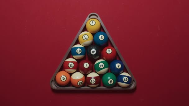 Colorful billiard balls pyramid before game start — Stok video