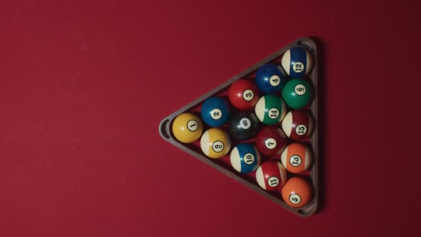 Colorful billiard pool balls pyramid before game — стоковое видео
