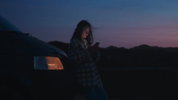 Cinematic Soft View Blurry Focus Young Pretty Millennial Woman Using — Stock Video