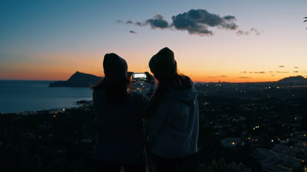 Young Women Millennial Girls Friends Silhouette Take Colorful Beautiful Dark Stock Image