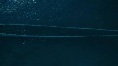 Tracking shot of big trawl with netting bags towed through water to small boat with fishermen working hard to pull out caught fish. Deep blue waters of open sea. Top view aerial shot