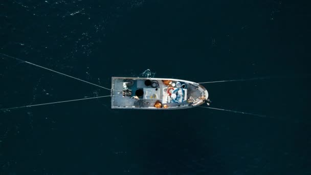 Boat Trawler Fishermen Board Preparing Pull Out Netting Bags Sardines — Stockvideo