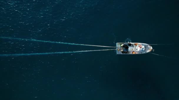 Fishermen Crew Work Pulling Out Big Trawl Net Deep Blue — Stock video