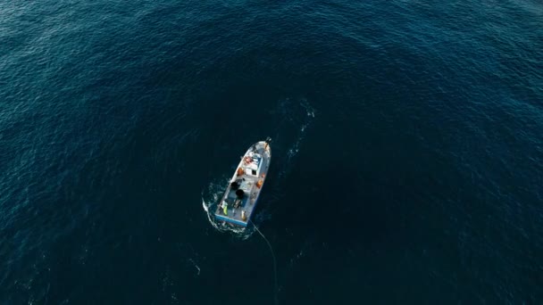 Aerial Shot Fisherman Boat Moves Shot Trawling Big Net Sea — Stock video